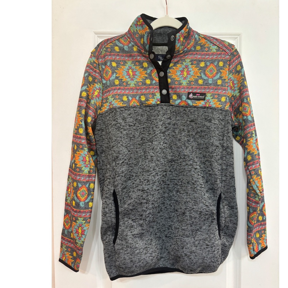 Simply Southern Gray Marl Southwestern Sea Turtle Snap Pullover Medium Boho